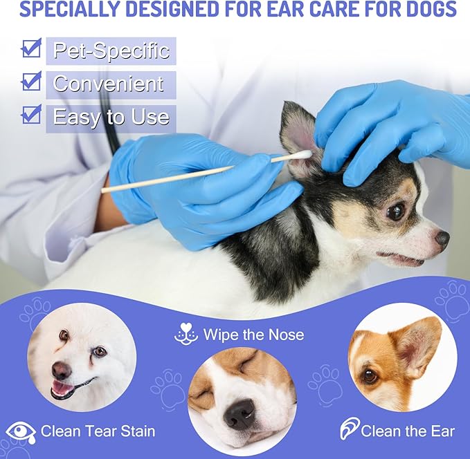 200pcs Large Cotton Swabs in Storage Box, 6 Inch Long Cotton Swabs with Bamboo Handle for Dogs - Professional Dog Ear Swabs, Big Cotton Swabs, Specially Designed for Dogs, Cleaning Solution