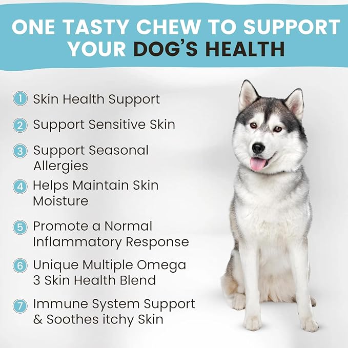 Multiple Omega 3 Chews for Dogs | Wild Alaskan Salmon Fish Oil Supplements with Collagen, MSM, Krill, EPA, DHA, | Essentials for Itching Skin Allergy, Joints, Coat Shedding Support