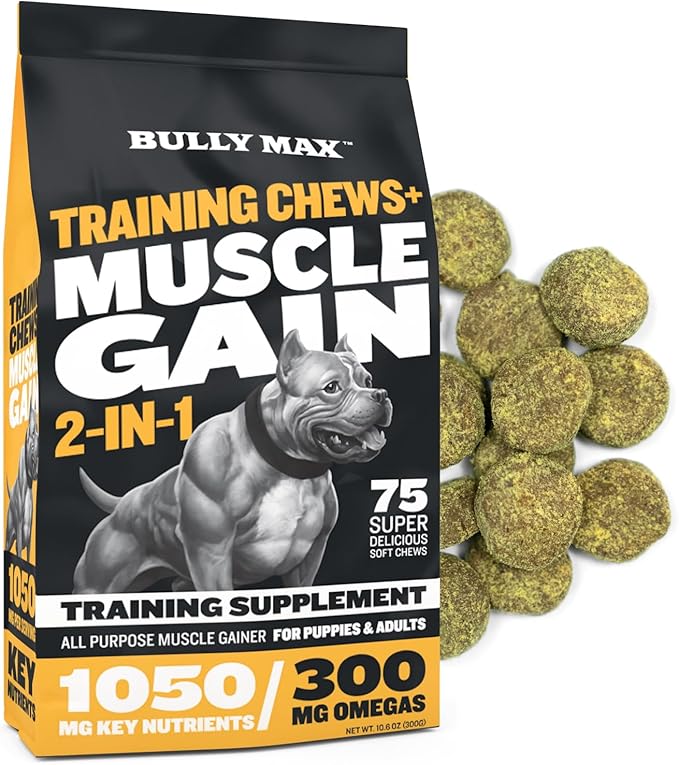 Bully Max Muscle Builder Soft Chews for Dogs and Puppies - Training Supplements Chews for Puppy and Adult Dog - Dog Food Treats for Muscle Gain - All Dog Breeds & Ages, 75 Delicious Soft Chews
