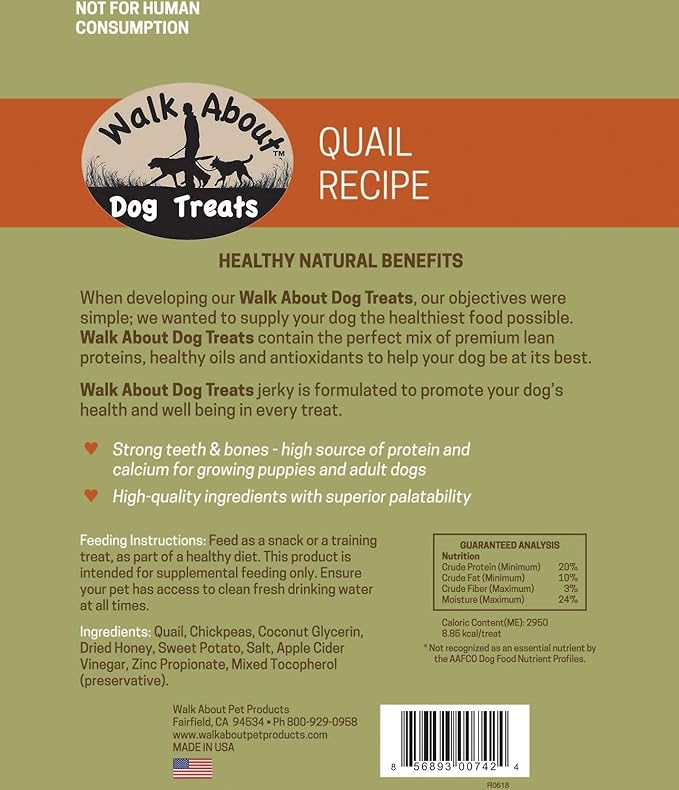 WA10050, Dog Jerky Treats, Grain-Free, Gluten-Free, Single Source Protein, Quail Recipe, Resealable Pouch, 5.5 Ounces