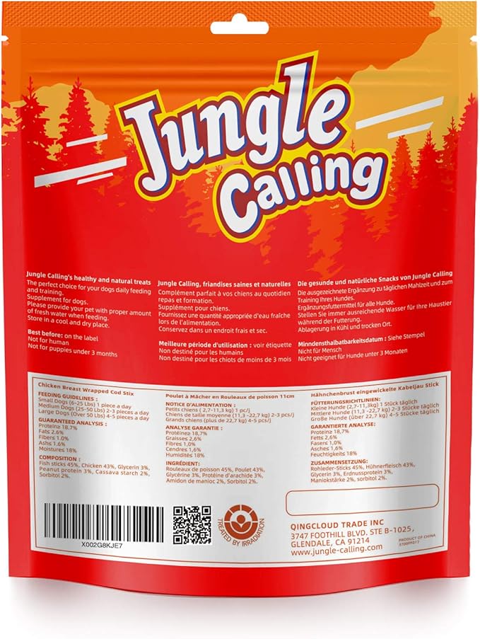 Jungle Calling Rawhide Free Healthy Treats for Dogs, Chicken Wrapped Cod Sticks Dog Treats, Soft Chewy Treats for Training Rewards, 10.6 oz (Chicken)