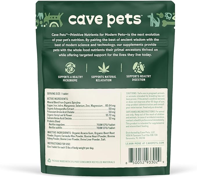 Super Chomp Tablets, Dog Probiotic Supplement for Digestive Health and Natural Relaxation, Multi-Glandular & Hemp