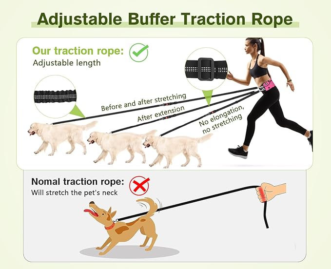 Pecute Hands Free Dog Leash with Pouch, Waist Belt Fanny Pack with Soft Pads, Dual Padded Handles, and Durable Bungee for Walking, Hiking, Jogging Biking, and Running (Up to 220lbs) Pink