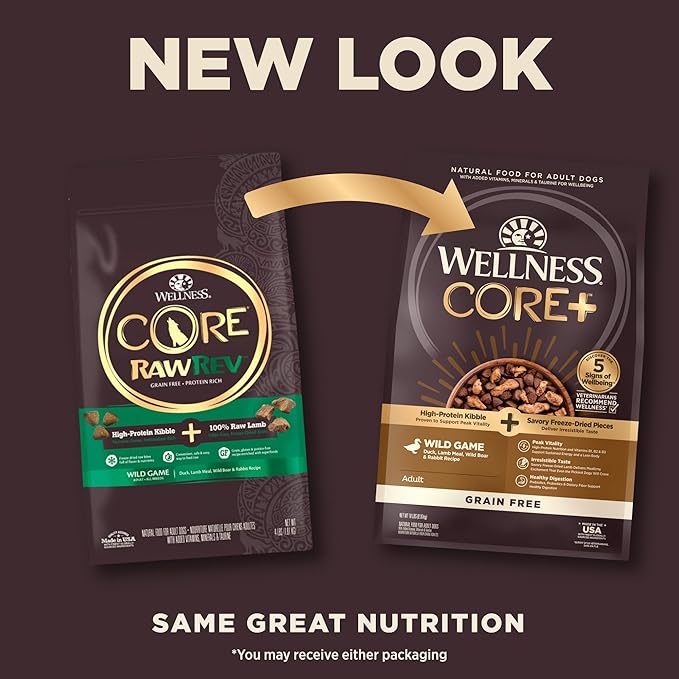 Wellness CORE+ Natural Grain Free Dry Dog Food, Wild Game Duck, Wild Boar & Rabbit with Freeze Dried Lamb, 18-Pound Bag