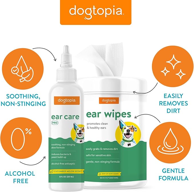 Ear Wipes and Ear Care Pro Solution for Pets | Gentle Ear Wipes (160 count) and Ear Care Solution (8oz) for Dogs and Cats | Non-Stinging Ear Duo