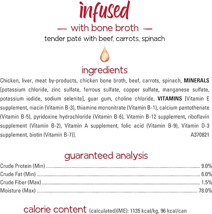 Beneful Purina Infused Wet Dog Food Pate, with Real Beef, Carrots and Spinach, with Bone Broth for Dogs - (8 Packs of 3) 3 oz. Sleeves