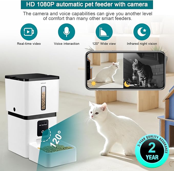 DoHonest Automatic Dog Feeder with Camera - 5G WiFi Easy Setup 8L Motion Detection Smart Cat Food Dispenser 1080P HD Video Recording 2-Way Audio Timed Pet Feeder App Control Night Vision