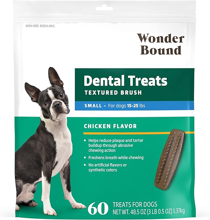 Amazon Brand - Wonder Bound Dog Dental Treats for Small Dogs (15-25 lbs), Real Chicken Flavor, Nubbed Texture for Plaque & Tartar Control, Freshens Breath While Chewing, 60 Count