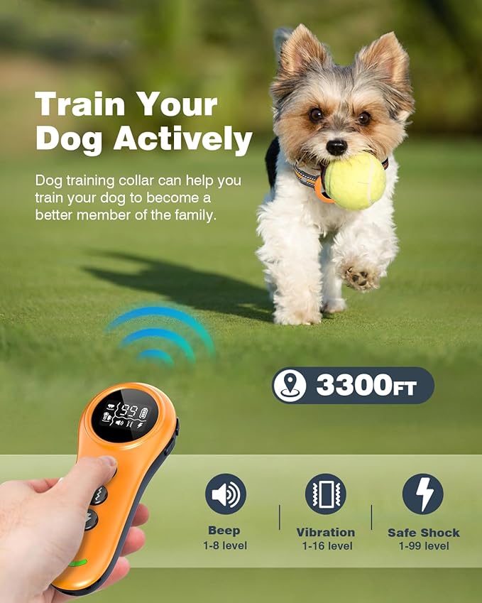 2-in-1 Dog Shock Collar & Dog Bark Collar - Smart Anti Barking Dog Training Collar with 5 Adjustable Sensitivity & 3300FT Remote for All Breeds IP67 Waterproof Rechargeable E-Collar (Orange)