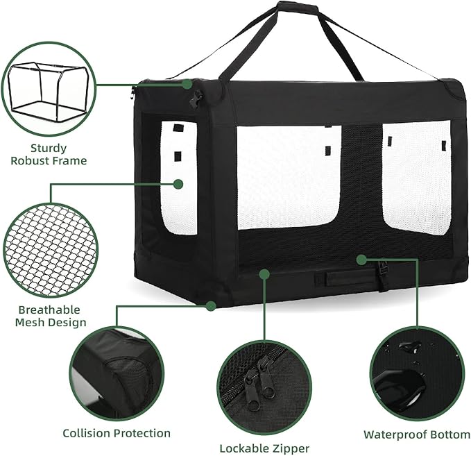 27 inch 3-Door Collapsible Dog Crate for Medium Dogs, Portable Dog Travel Crate for Indoor & Outdoor, Soft Side Pet Foldable Kennel Cage with Durable Mesh Windows & Strong Steel Frame