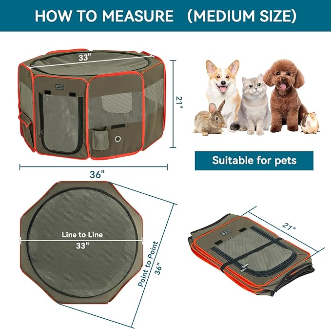 Petsfit Portable Dog Playpen 36" Portable Pet Play Pens for Small Medium Dogs, Puppy Playpen Indoor/Outdoor with Carring Case, Removable Zipper Top and Bottom,Medium (36"x36"x21")