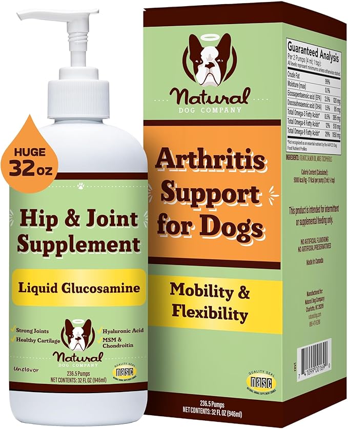 Natural Dog Company Liquid Glucosamine Hip & Joint Oil for Dogs, 32 oz, Extra Strength Cartilage and Joint Support, Helps Mobility and Eases Occasional Stiffness, Dog Vitamins and Supplements