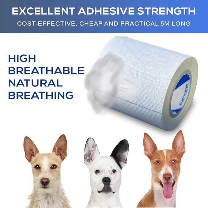 Ear Tape for Dogs 1 Pack with Dog Ear Cleaner Cotton Swabs, Self Adhesive Cotton Tape for Dog Ear Protection and Support, Ear Care Set for Dogs (2.0 inch (50 mm))