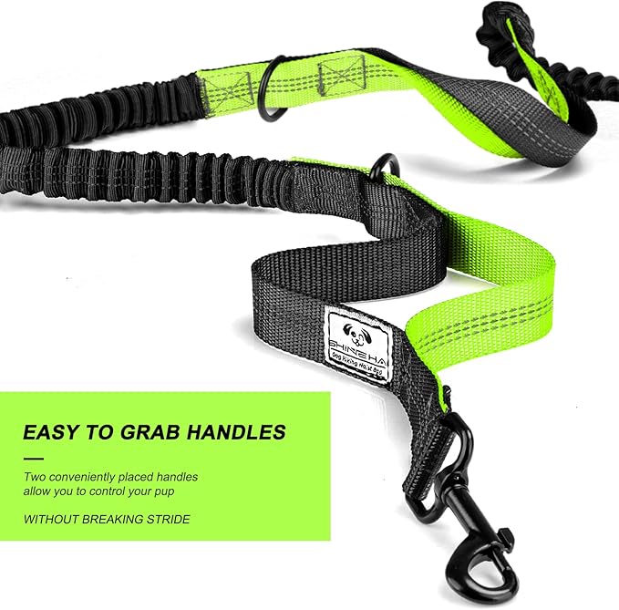SHINE HAI Retractable Hands Free Dog Leash with Dual Bungees for 2 Dogs, Adjustable Waist Belt, Reflective Stitching Leash for Running Walking Hiking Jogging Biking Black - Green