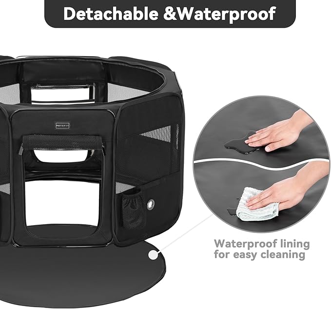 PETSFIT Dog Playpen, 36" Sturdy Pop Up Dog Kennel Foldable Dog Pen Indoor Outdoor Puppy Playpen for Medium Dogs Cats with Traveling Bag Zipper Sealed Removable Mesh Top Leakproof Bottom Mat Black M