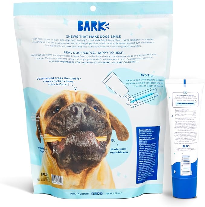 Bark Bright Original Dental Kit - Dog Tooth Brushing Treatment with Teeth Cleaning Chew Sticks & Toothpaste - Plaque & Tartar Remover for Cleaner Teeth & Fresh Breath - Large Breeds - (2 x 15 Chews)