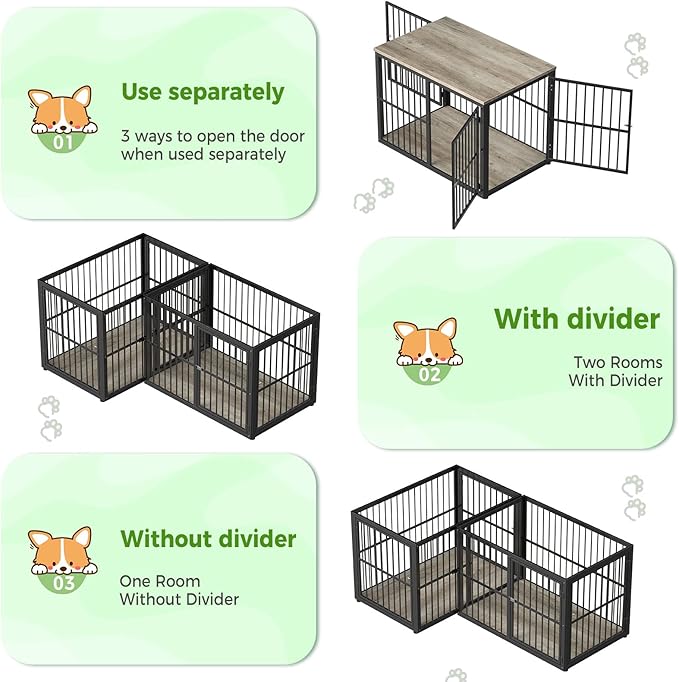 39'' L-Shaped Corner Dog Crate Furniture Large Breed with Double Rooms,Wooden Dog Crate End Table Indoor with Removable Divider for Small to Medium Dogs, Can Use Separately
