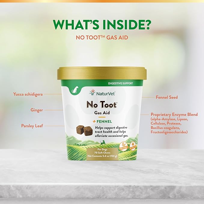 NaturVet – No Toot Gas Aid For Dogs Plus Fennel – 70 Soft Chews | Alleviates Intestinal Gas | Helps Reduce Stool & Urine Odors | 30 Day Supply