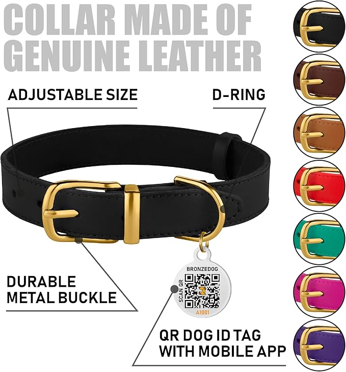 BRONZEDOG Leather Dog Collar with QR ID Tag Basic Pet Collars for Small Mini Dogs Cats Puppies (7-9 Inch (Pack of 1), Black & Gold Buckle)