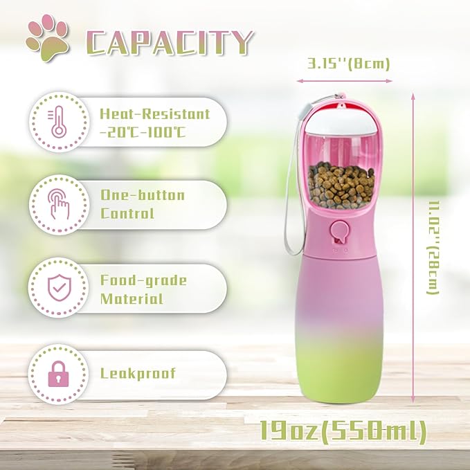 Dog Water Bottle Portable, 19Oz Large Capacity Dog Water Dispenser, Food Grade Dog Accessories for Small Dogs Large Dogs, Travel Dog Water Bowl for Outdoor, Dog Birthday Gifts (Pink&Green)