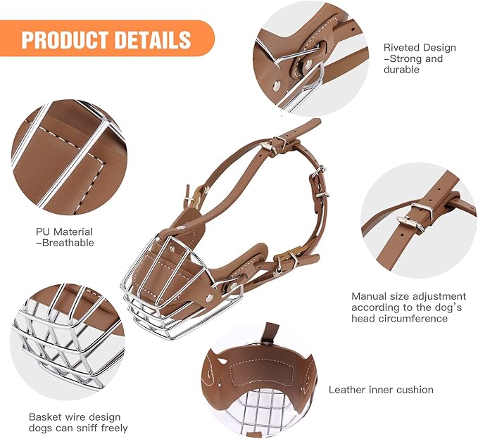 Dog Muzzle, Dog Metal Face Basket, Dog Mouth Breathable Adjustable Leather Leash Suitable for Large Medium-Sized Dogs (BrownM)