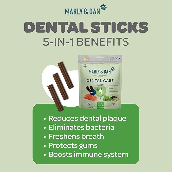 Marly & Dan Dental Care Chew Sticks, 5-in-1 Benefits for Dental and Immune System Health, Salmon, Peppermint & Green Tea, Chew Treats for Dogs (Dogs 12-26lbs)