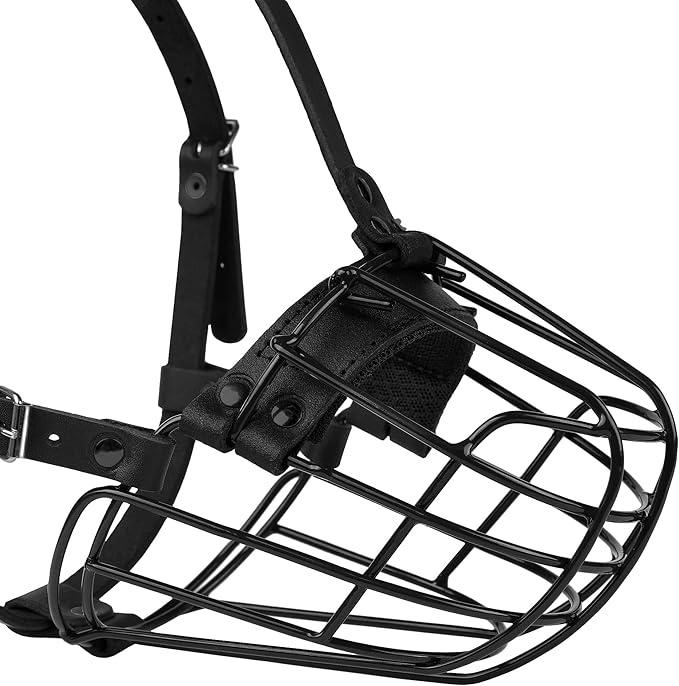 Pitbull Dog Muzzle Metal Mask Amstaff Secure Wire Basket Adjustable Durable Leather Straps for Large Dogs (Black)