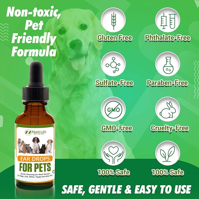 Natural Ear Cleaner for Dogs, Cats, Kitten, Puppy – Gentle Cleansing Ear Wash Solution Mite Infection & Yeast Treatment for Pets – Drying, Healing Medicinal Ear Cleaning Drops Made in USA