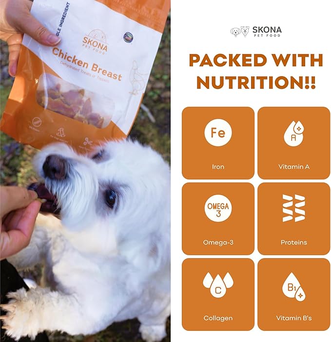 Skona Single-Ingredient Chicken Breast Jerky Treats (4oz) | Dogs & Cats | Lean Protein, Hypoallergenic, Dental Care | Ideal Training, USA Made