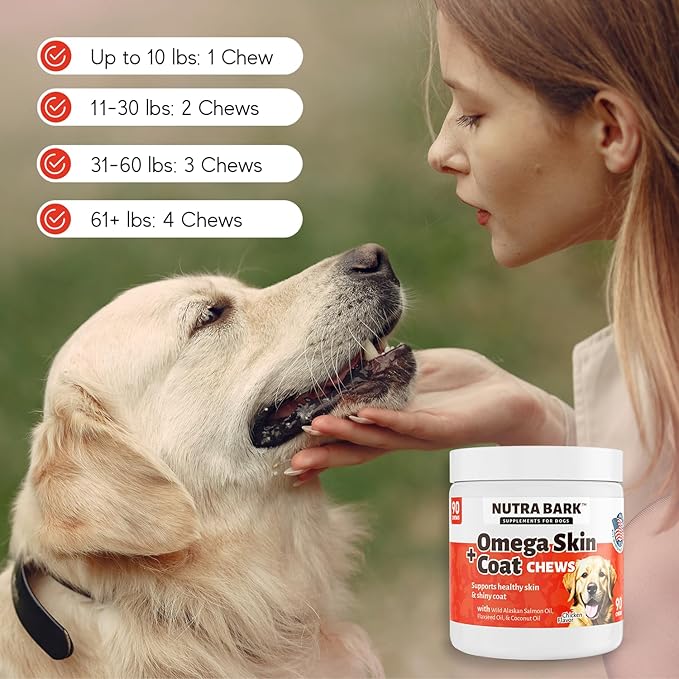 Omega Skin + Coat Chews for Dogs | with Wild Alaskan Salmon Oil | Flaxseed Oil | Coconut Oil | for Healthy Skin and Coat | Itch Relief for Dogs with Allergies | 90 Soft Chews