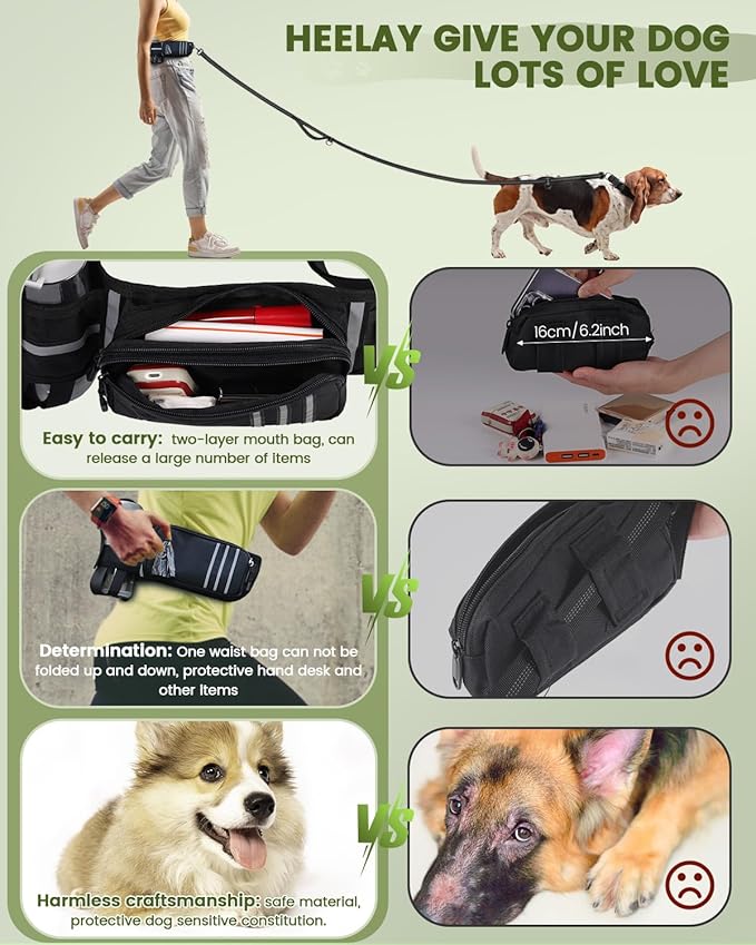 Hands Free Dog Leash for Medium and Large Dogs with Waist Belt Pouch, Dog Running Leash for Training Hiking Jogging Running Walking with Double Handle Bungee | Reflective Stitches Black