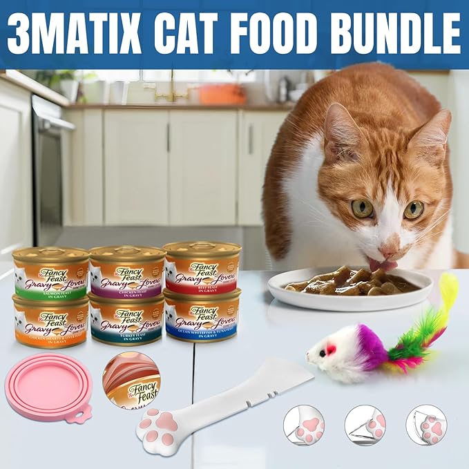 Fancy Feast Wet Cat Food Gravy, Grain Free Chicken Hearts & livers, Turkey, Beef and Seafood Variety Bundle (Pack of 18) 3oz. Cans & 1 Exclusive kit (1x can Sealer, 1x can Opener, 1x Mouse Toy)