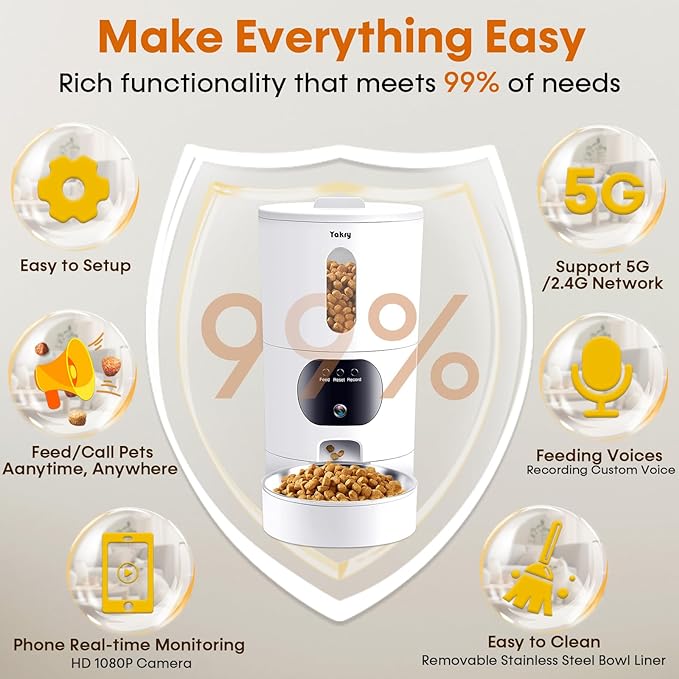 Automatic Cat Feeders Camera 5G: WiFi Easy to Clean Timed Smart Dog Food Dispenser 2-Way Audio Memory Function Pet Feeder HD 1080P Video Record APP Control Dry Food Clear Night Vision Yakry