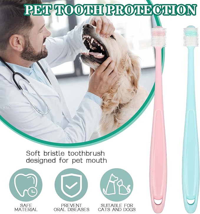 2PCS Dog/Cat Toothbrush, 360 Degree, Safe Material,Soft and Comfortable,Reusable, Deep Clean Fresh Breath Pet Toothbrush (Blue&Pink)