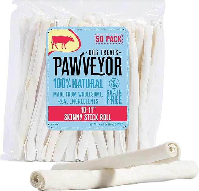 10-11" Skinny Stick Dog Rawhide Chews - Pack of 50 Long Lasting Rawhides for Dogs - All-Natural, Protein-Dense Beef Rawhide Bones for Small Dogs - Odor-Free and Great for Dental Health