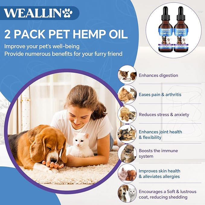 Hemp Oil for Dogs and Cats - Omega-3, 6, 9 Rich Organic Extract - Eases Pet Anxiety, Pain, Skin & Coat Health - Stress Relief, Hip & Joint Support - Calming Treats (2 Pack)