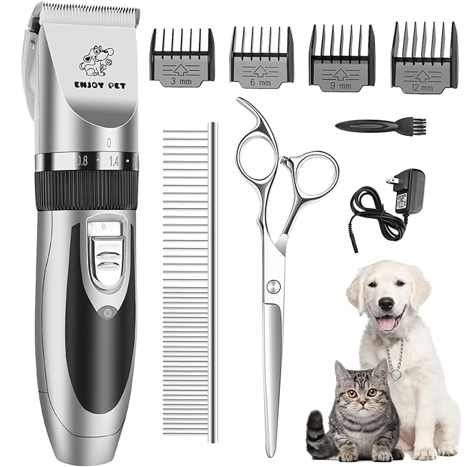 ENJOY PET Dog Clippers Low Noise Cat Shaver, Professional Dog Grooming Kit Rechargeable Cordless Pet Hair Clippers with 4 Comb Guides, Electric Quiet Pet Trimmer for Dogs Cats and Animals (Silver)