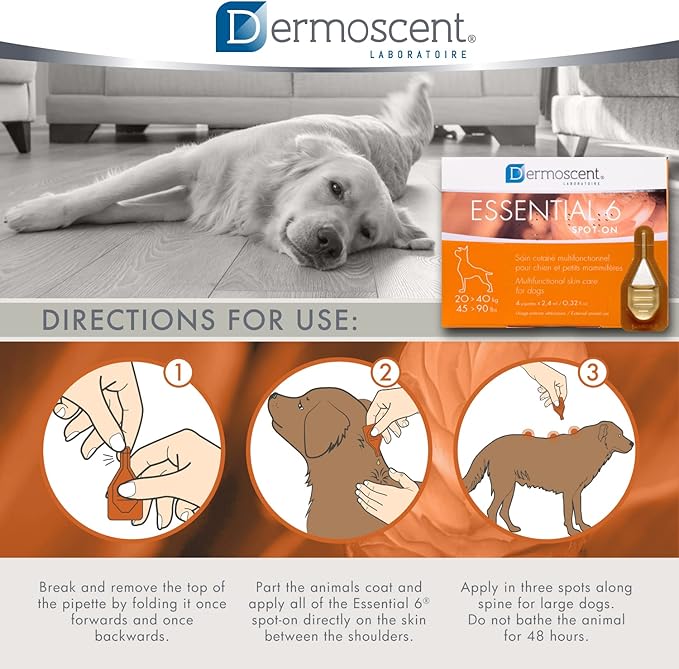 Dermoscent Essential 6 spot-on - Dog Skin Care for Dandruff & Allergy Relief with Vitamin E Oil - Anti Itch for Dogs - Natural Ingredients for Sensitive Skin - Dogs 20-40 kg - 4 Pipettes of 2.4 ml