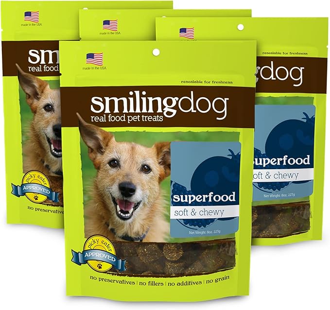 Herbsmith Smiling Dog Treats - Soft and Chewy Dog Treats for Senior Dogs – Dog Training Treats - Superfood Wellness Treats for Dogs - Bundle of 4
