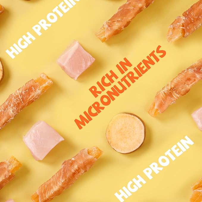 Dog Treats Chicken Wrapped Sweet Potato Fries with Taurine, Gluten Free Grain Free Training Snacks for Small Medium Large Dogs, Skinless Sweet Potato Stripes & Chicken Bites Chewy
