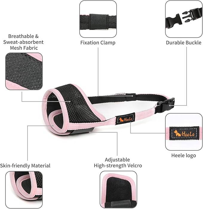 HEELE Dog Muzzle Nylon Soft Muzzle Anti-Biting Barking Secure,Mesh Breathable Pets Muzzle for Small Medium Large Dogs 4 Colors 4 Sizes (L, Pink)