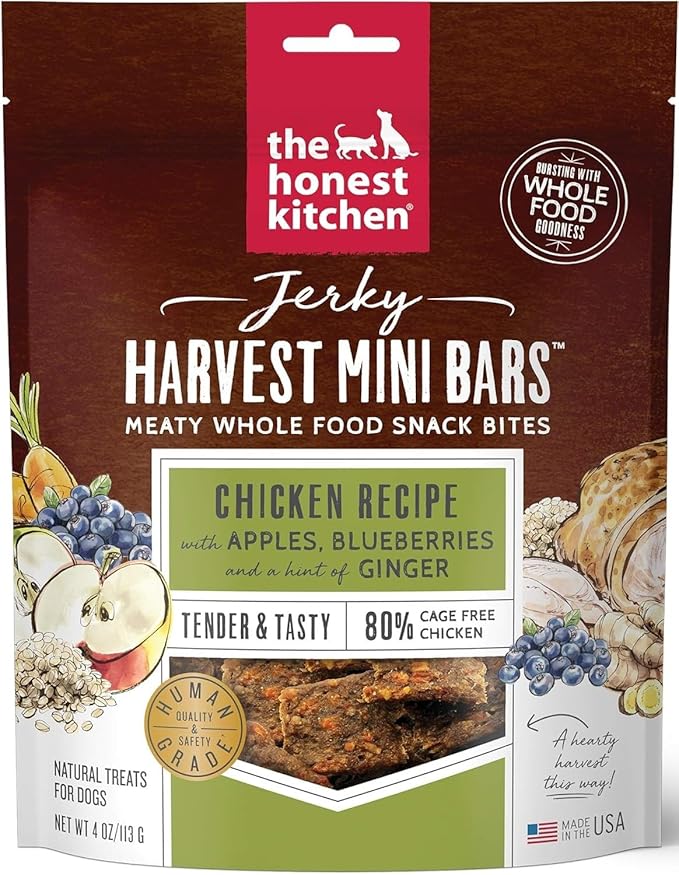 Variety Pack (2) Honest Kitchen Jerky Harvest Mini Bars Dog Treats (4-oz Bags) with AuroraPet Wipes