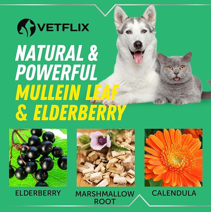 Kennel Cough, Allergy Relief & Natural Respiratory Support - Throat Soother Supplement for Dogs and Cats - Made in USA - Mullen Leaf & Elderberry Blend - Easy Add to Food - 2 Fl.Oz.