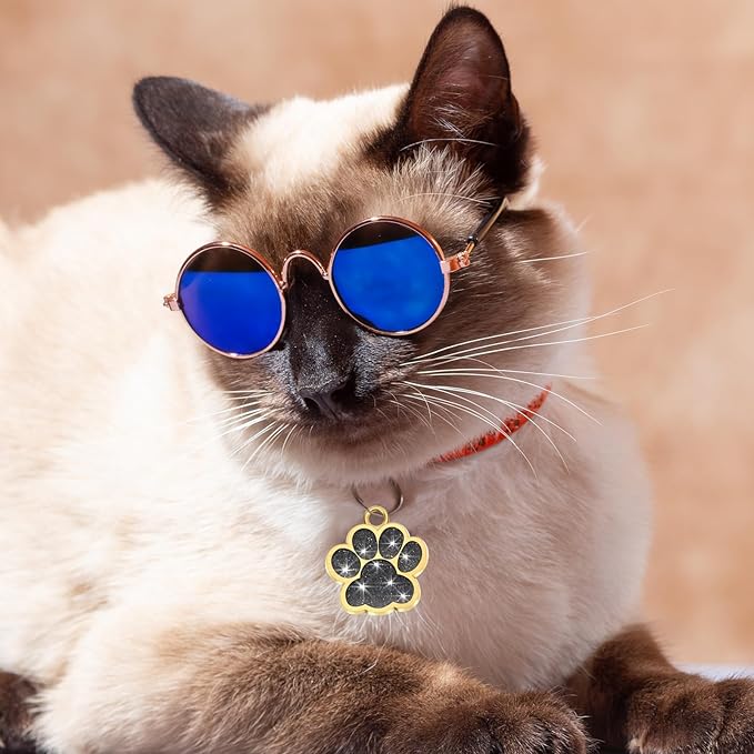 Abbylike 60 Pcs Personalized Dog Tags Blank Pet ID Tags Custom Glitter Paw Pet Tag Cute Metal Cat Name Tag Small DIY Engraved Puppy Name Tag for Dogs Pets(Gold)