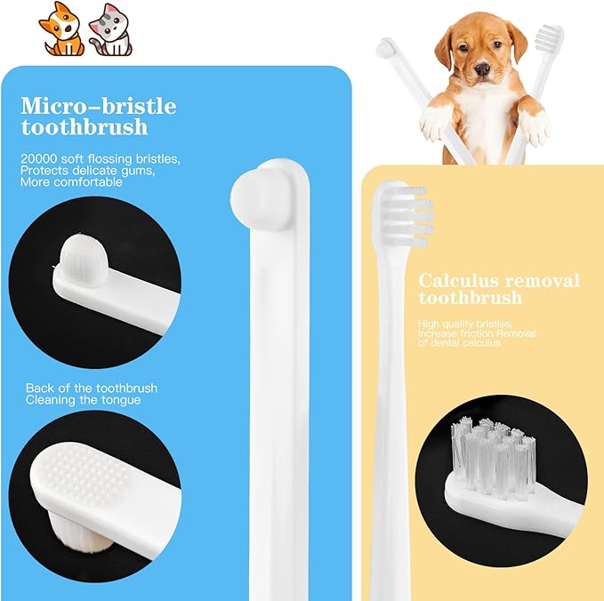 Dog Toothbrush Brushing Kit, Cat Tooth brushing Kit, Suitable for All Cats and Dogs Dental Care. White, Soft Bristles, Pet Toothbrush Kit Meets All Cleaning Needs, Multi-Functional Dental Cleaning