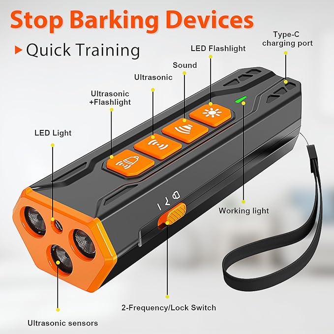 Anti barking device, Rechargeable ultrasonic dog repeller, up to 23 Ft Effective Control Range, Safe for Human & Dogs, Portable Indoor & Outdoor, Dog Training & Behavior Aids (Black Orange)