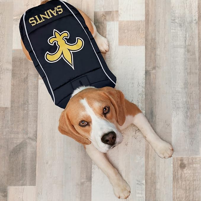 NFL New Orleans Saints Puffer Vest for Dogs & Cats, Size Large. Warm, Cozy, and Waterproof Dog Coat, for Small and Large Dogs/Cats. Best NFL Licensed PET Warming Sports Jacket