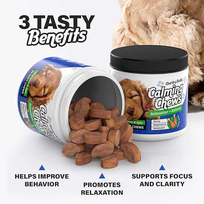 Charlie & Buddy Calming Chews for Dogs, Dog Anxiety Relief, Promote Relaxation, Dog Calming Chews with Melatonin for Dogs, Chamomile, Magnesium Citrate, 90 Soft Chews, Duck Flavor