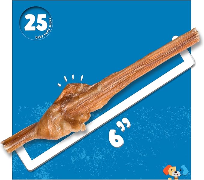 Jack&Pup Bully Sticks for Small Dogs - 6 Inch Baby Bully Stick Dog Chew (25 Pack) 6” Long Premium Grade All Natural Gourmet Puppy Treat Chews - Great for Teething Puppies