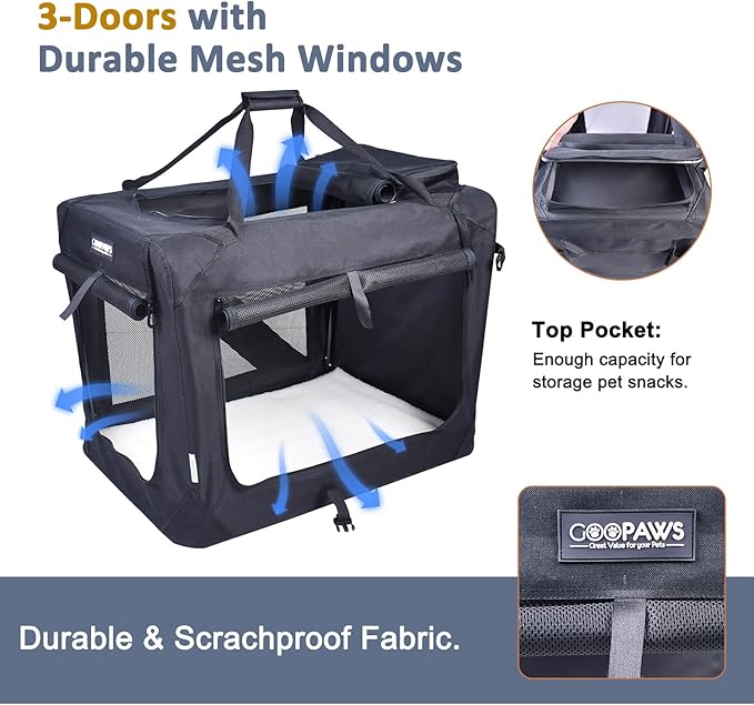 JESPET 30'' Soft Dog Crates Kennel for Pets, 3 Door Soft Sided Folding Travel Pet Carrier with Straps and Fleece Mat for Dogs, Cats, Rabbits, Grey Blue, Beige & Black (30”L x 21”W x23” H, Black)